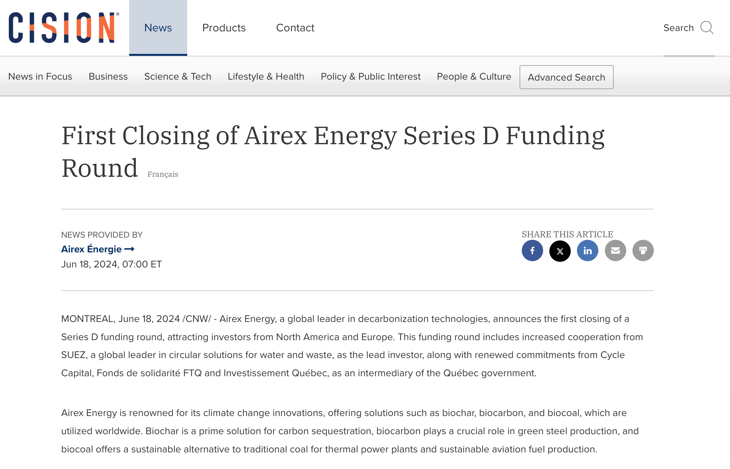 First Closing of Airex Energy Series D Funding Round