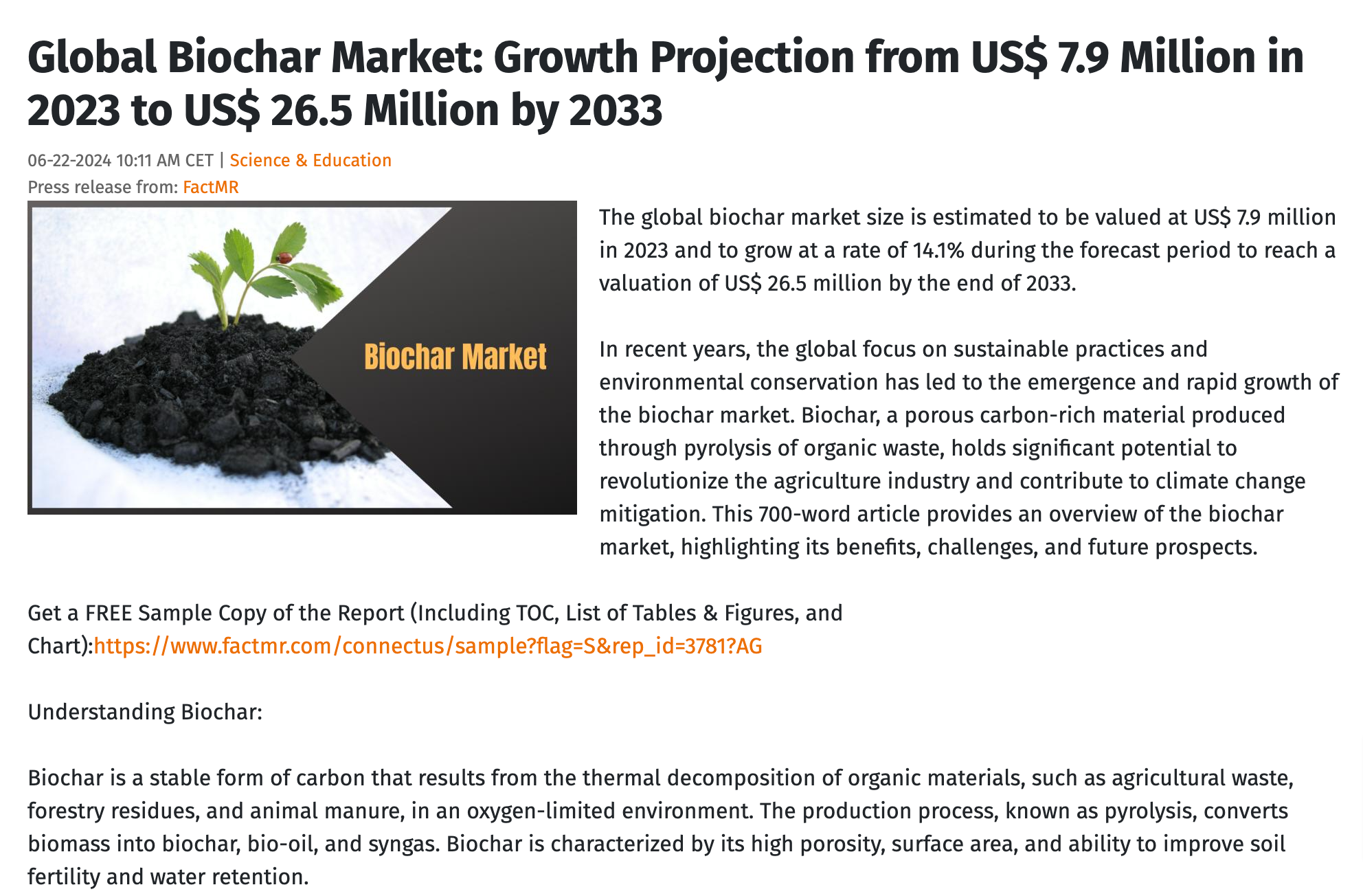 Global Biochar Market: Growth Projection from US$ 7.9 Million in 2023 to US$ 26.5 Million by 2033